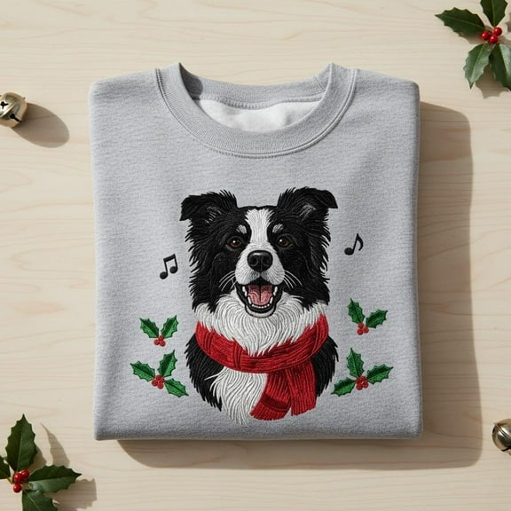 Embroidered Border Collie Dog Scarf Sweatshirt, Cute Pet Portrait Holiday Hoodie, Dog Mom Christmas Crewneck Sweater, Custom Dog Shirt