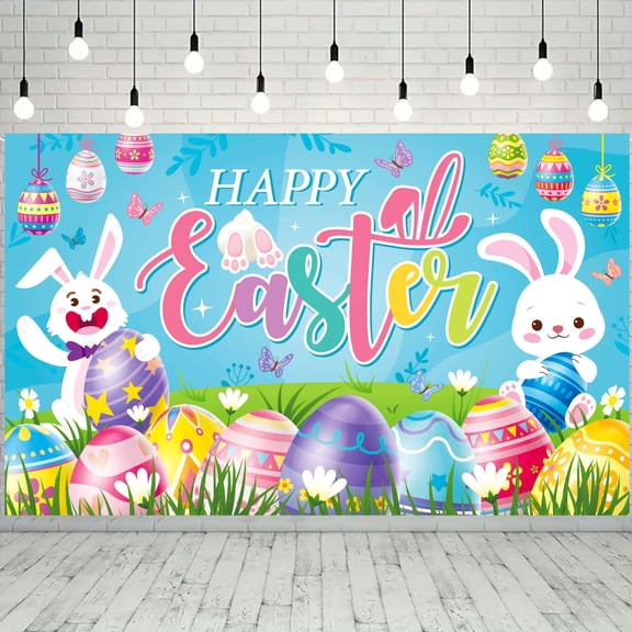 Happy Easter Backdrop - 71''x43'' Easter Party Backdrop, Easter Background Banner & Easter Photography Background for Spring Easter Family Party Photo Props