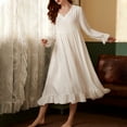 thumbnail image 4 of Sakmal White 100% Cotton Nightgowns for Women Cozy Ruffle Lightweight Cotton Night dress V-Neck Plain Long Long Sleeve Nightgowns S-XL, 4 of 6