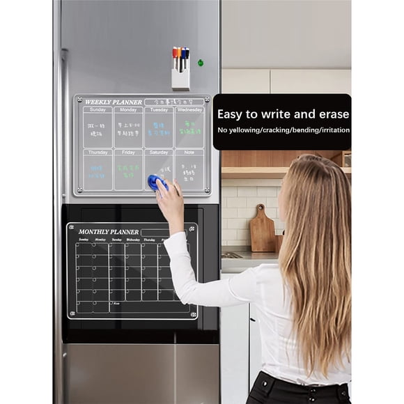 Vaidha Acrylic Magnetic Refrigerator Calendar & Memo Board Set with Whiteboard Marker & Eraser | Transparent Weekly Schedule Planner for Family & Office Organization | Reusable Fridge Organizer