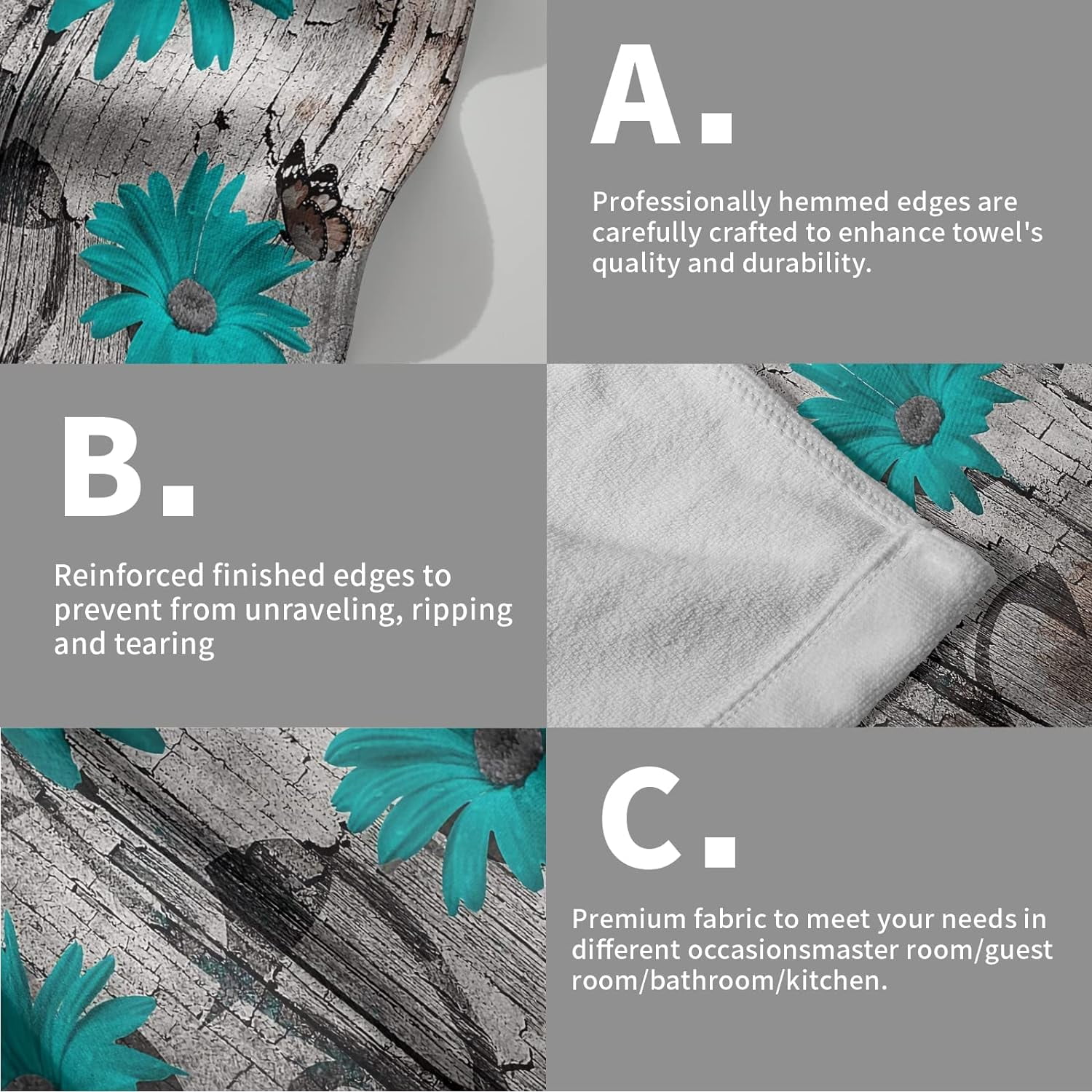 Teal Turquoise Daisy Butterfly Hand Towels Set of 2 Blue Floral Decorative Rustic Bath Towel Kitchen Dish Guest Towel for Home Spa Yoga Sport Hotel