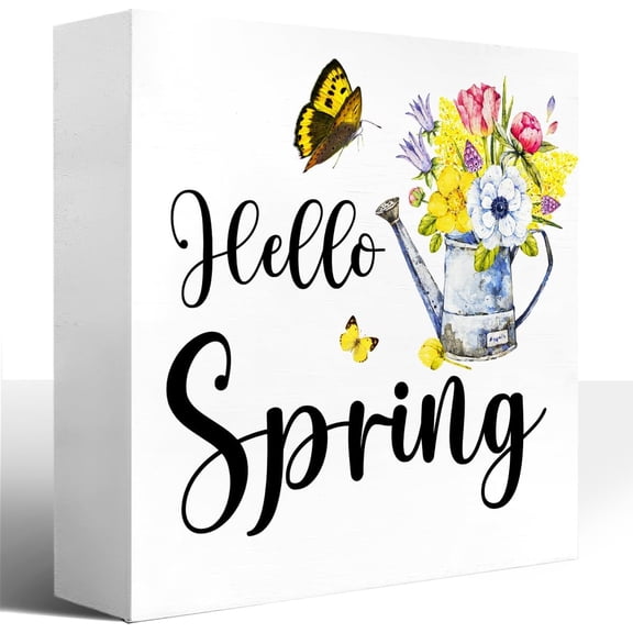 Hello Spring Wood Block Signs,Spring Wooden Desk Sign,Funny Spring Sign,Spring Decorations For Home Shelf Table Decor 5x5 Inch
