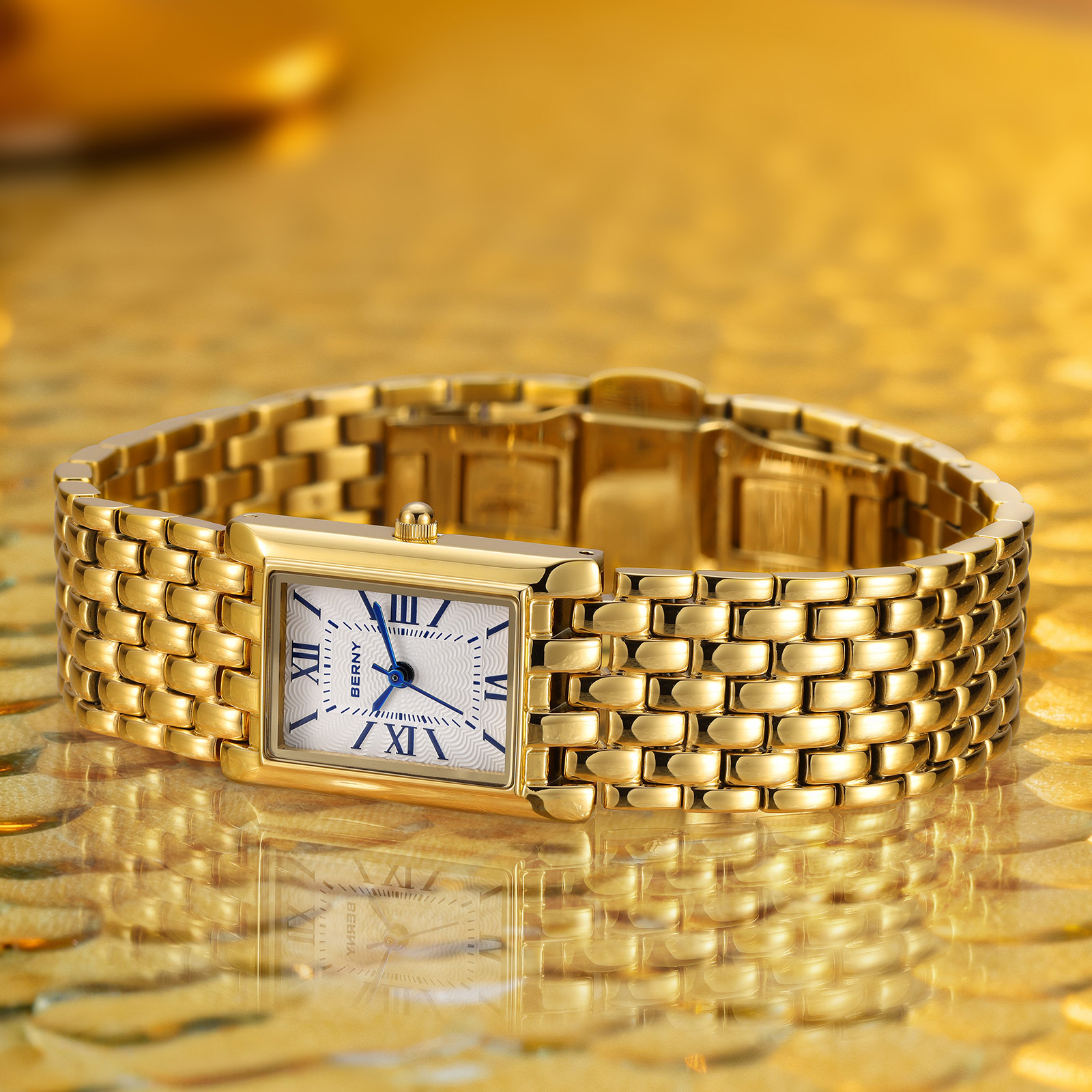 BERNY Small Gold Watches for Women, Luxury Vintage Rectangular Case Roman Dial, Dainty Stainless Steel Bracelet Watch, Adjustment Tool Included, Waterproof, Womens Gold Watch Gifts (White)