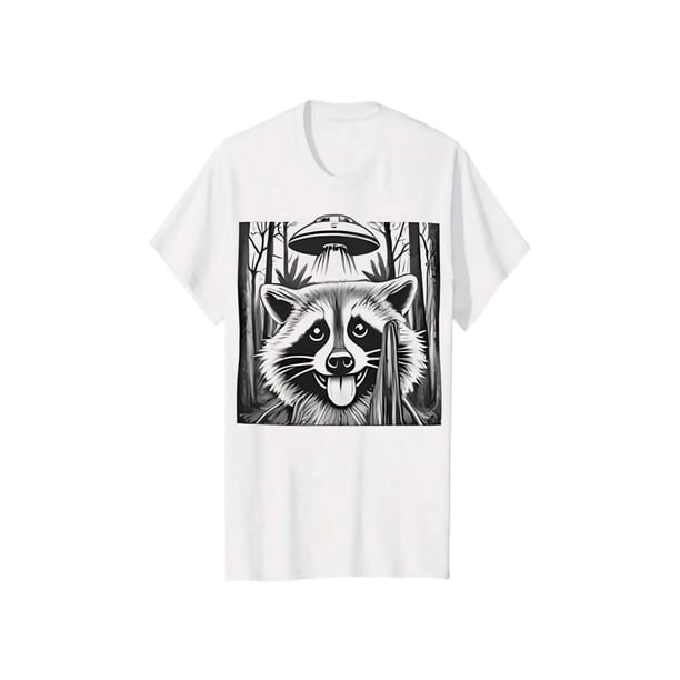 Camiseta con gráfico de mapache ovni para hombre: manga corta, estilo casual de verano en beige con un diseño único de selfie de mapache. Mezcla de poliéster suave, cuello redondo, ideal para aventura