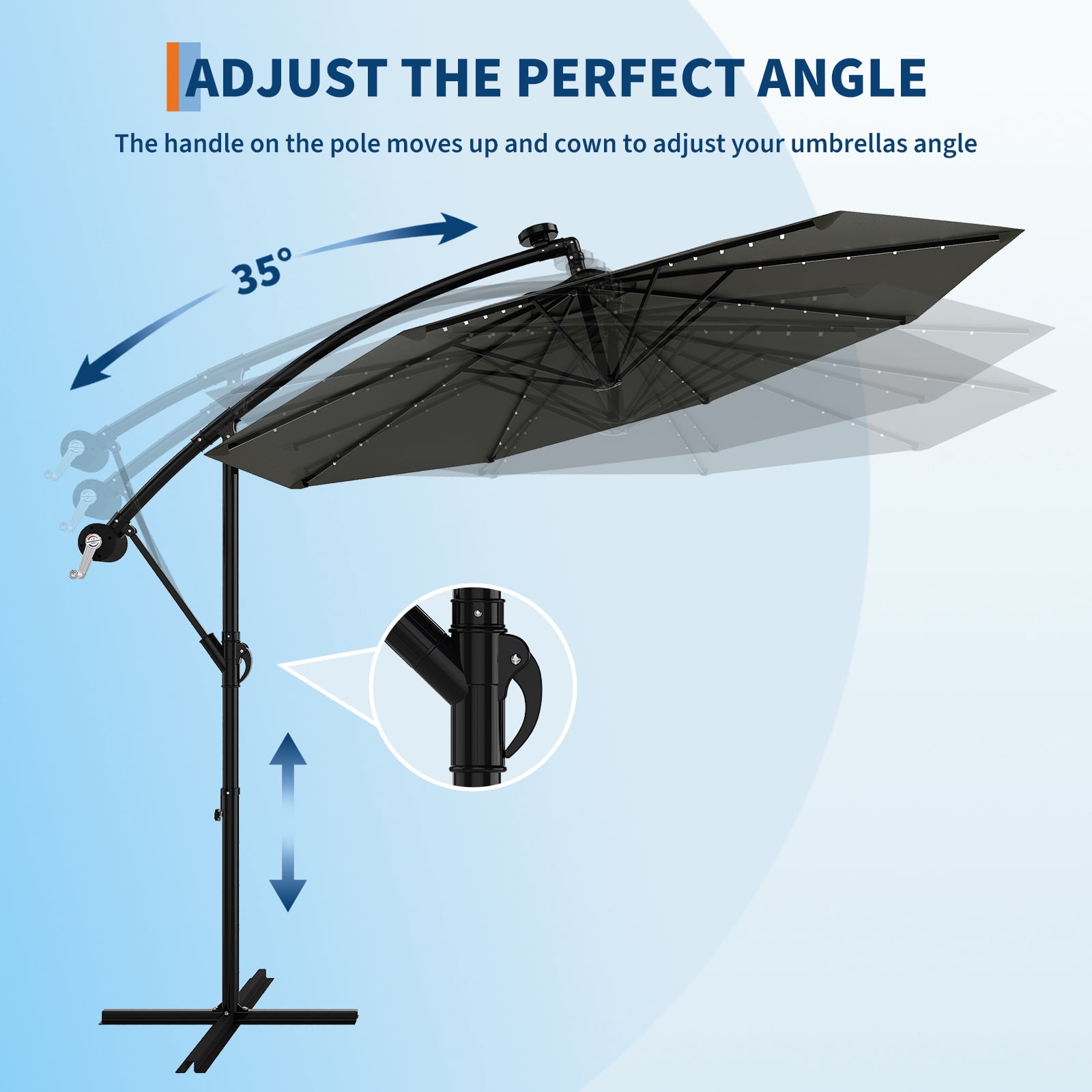 Wildbreak 10 ft Offset Hanging Market Patio Umbrella, with Solar LED, Easy Tilt Adjustment, Gray