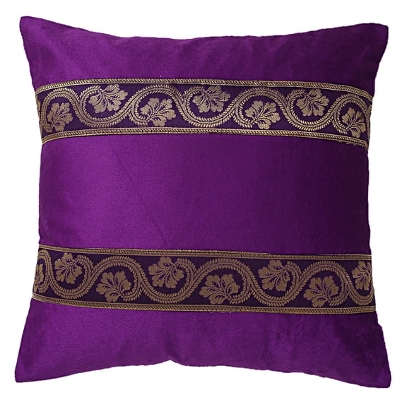 Stylo Culture Polydupion Brocade Jacquard Settee Sofa Throw Pillow Cover 16x16 Indian Purple Square 40 x 40 cm Home Decor Velvet Floral Zippered Cushion Cover | 1 Pc