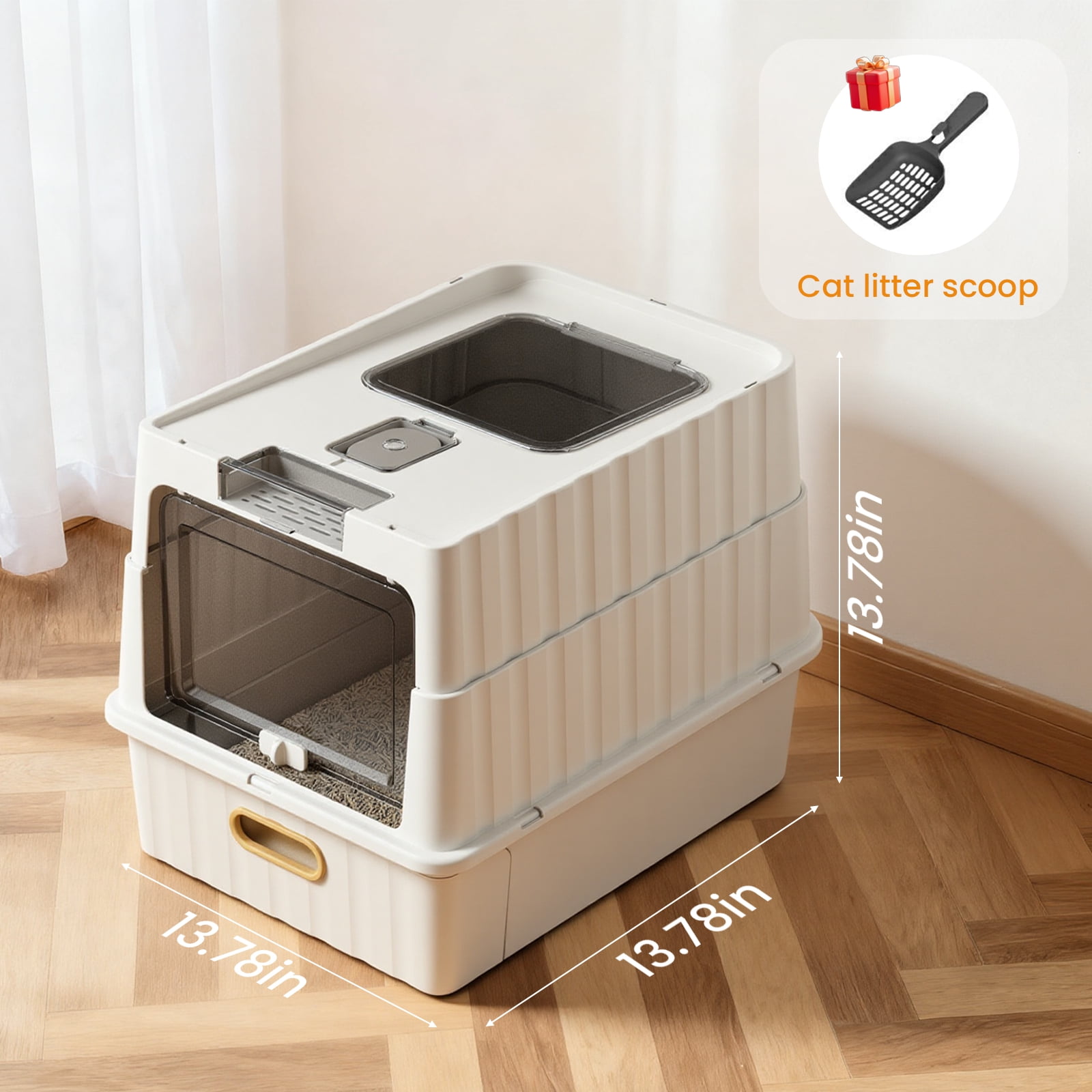 Enclosed Cat Litter Box, Large Litter Box Enclosure with Front Door Flap and Scoop(White)