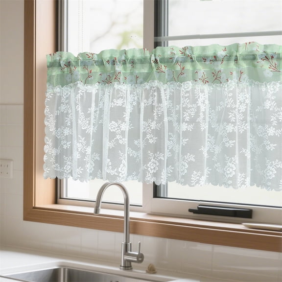1 Panel Splicing Sheer Curtain, Floral Embroidery with Patchwork Lace, Rod Pocket Sheer Drape for Kitchen