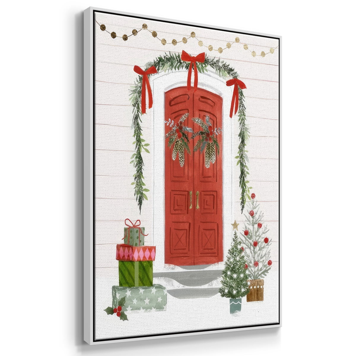 Festive Front Door II - Framed Gallery Wrapped Holiday Canvas - 17 x 25 - White Frame