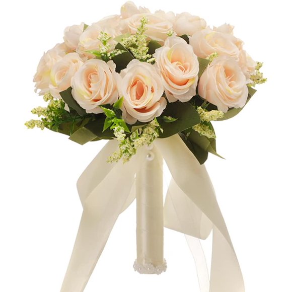 CYANLUX Wedding Bouquets for Bride Bridesmaid Bouquet Champagne White Artificial Roses Flowers for Wedding Valentine's Day Church Home Decoration (1#Champagne)…