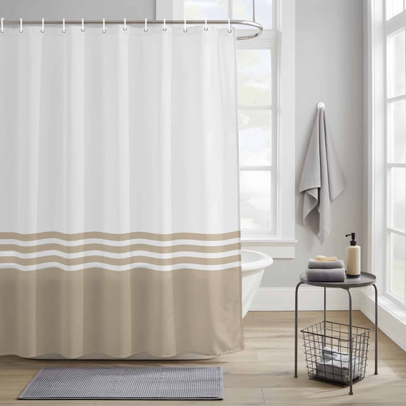 Modern Art Fabric Shower Curtain for Bathroom Waterproof Polyester Bath Curtain with 12 Hooks Brown White Simple Striped Farmhouse Washable Shower Curtain with Grommets 54"x78"