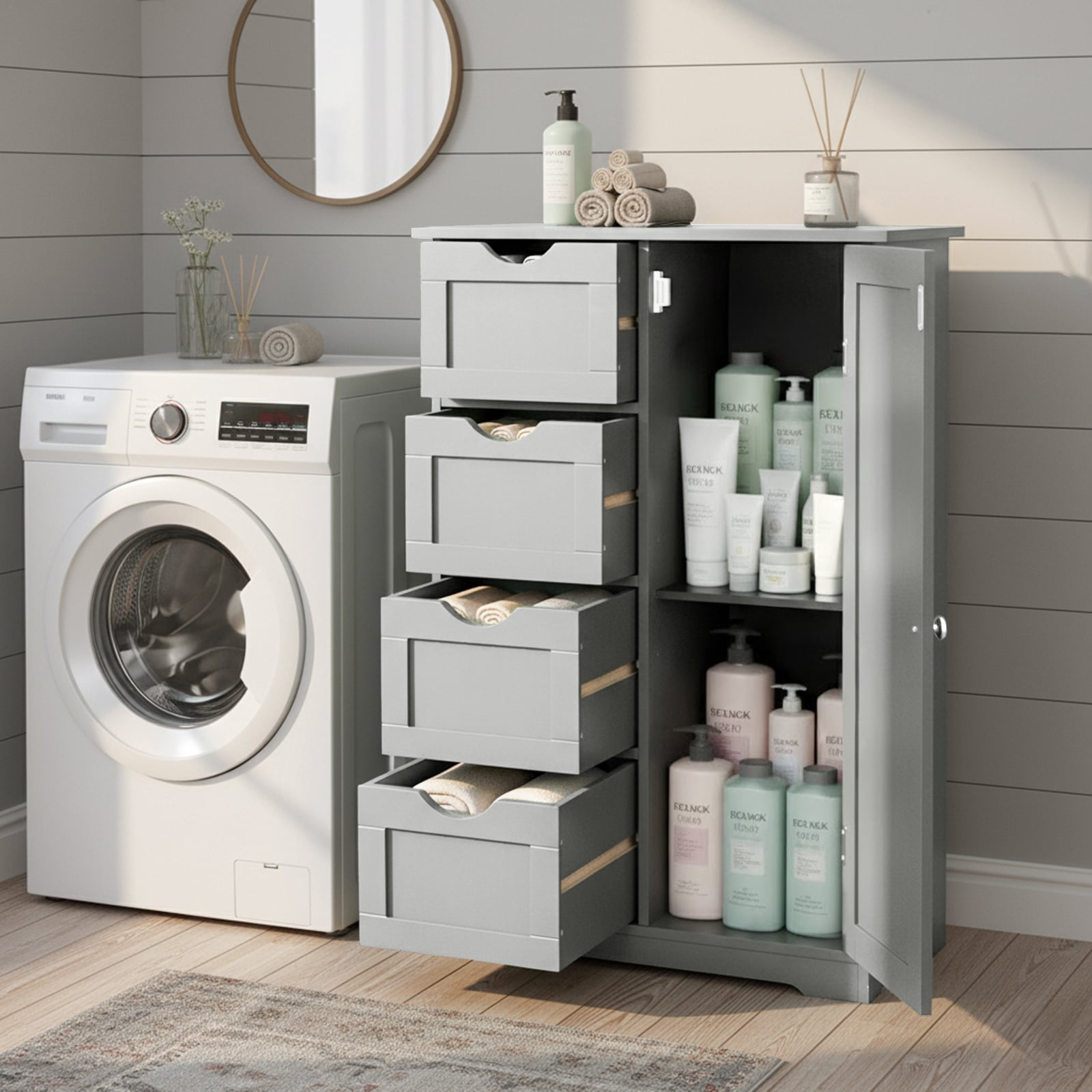 Ktaxon Wooden Bathroom Floor Cabinet, Side Storage Organizer with 4 Drawers, 1 Cupboard & 2-Shelves, Gray