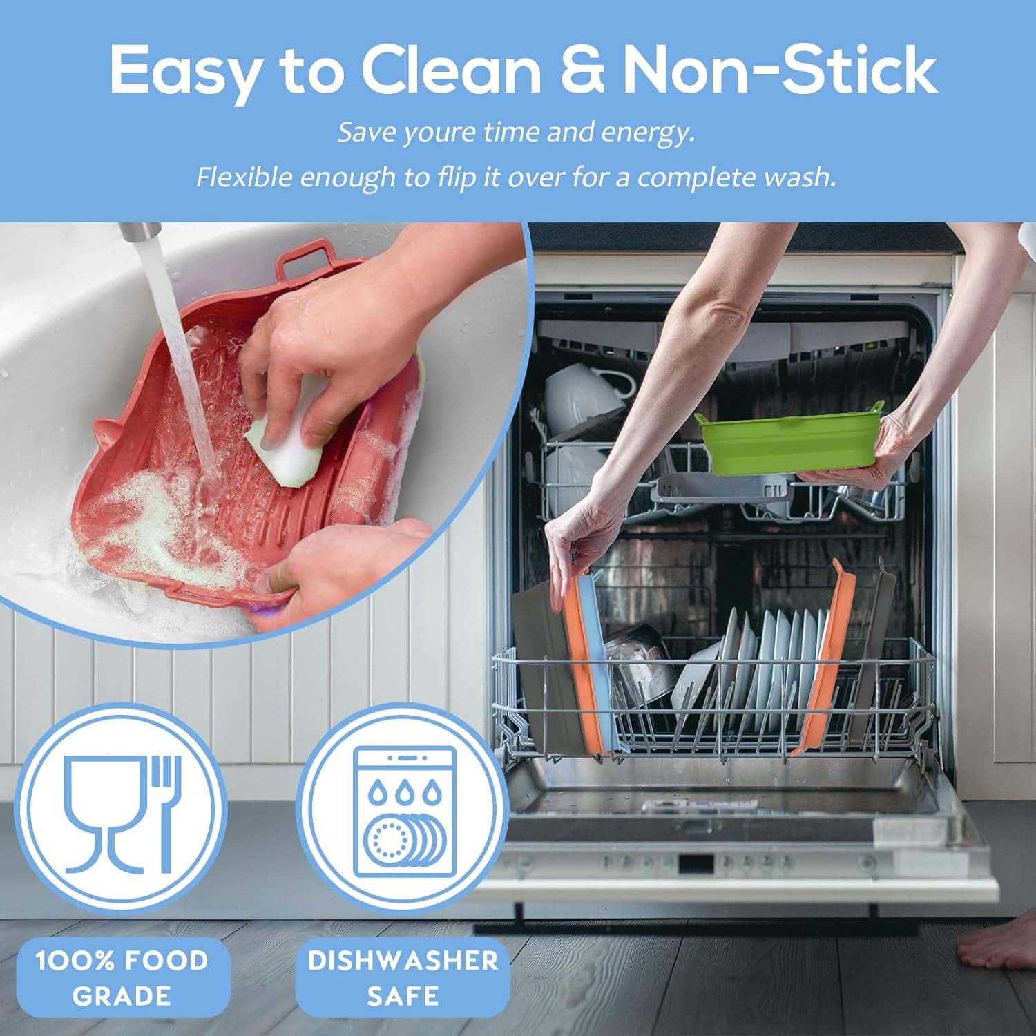 JJEAN-[2 Pack] Silicone Air Fryer Liners Square - Reusable Airfryer Basket - Easy to Clean Air Fryers Pot for 5.8 to 8 Qt Large Air Fryer Baking Tray Oven Accessories, 8.5 Inch