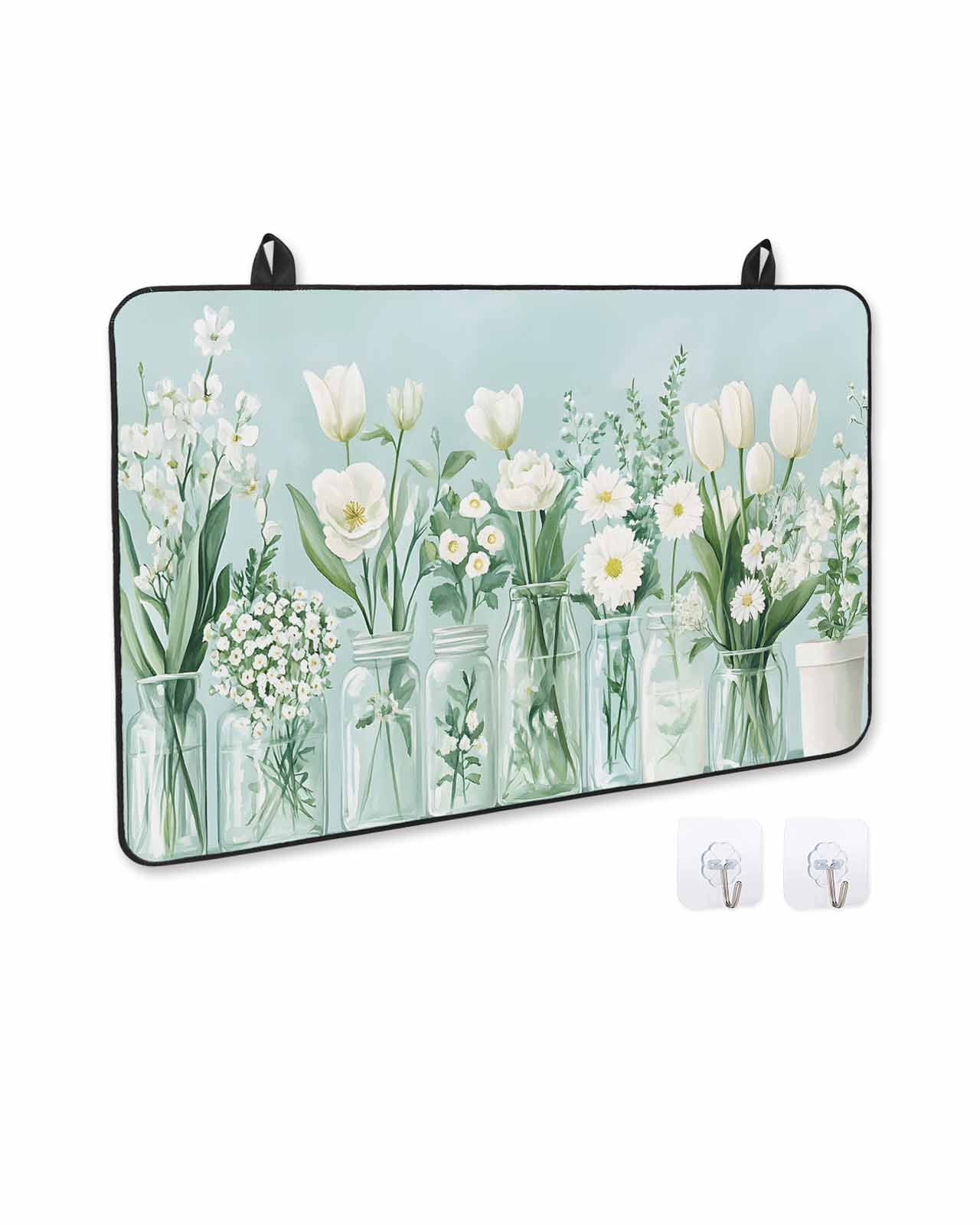 nqOlkjepod Large Induction Cooktop Protector Mat 36"x21", Spring Floral Stove Top Covers for Electric Stove, Summer Daisy Tulip Flowers Teal White Stove Burner Cover Mats, Glass Top Stove Cover