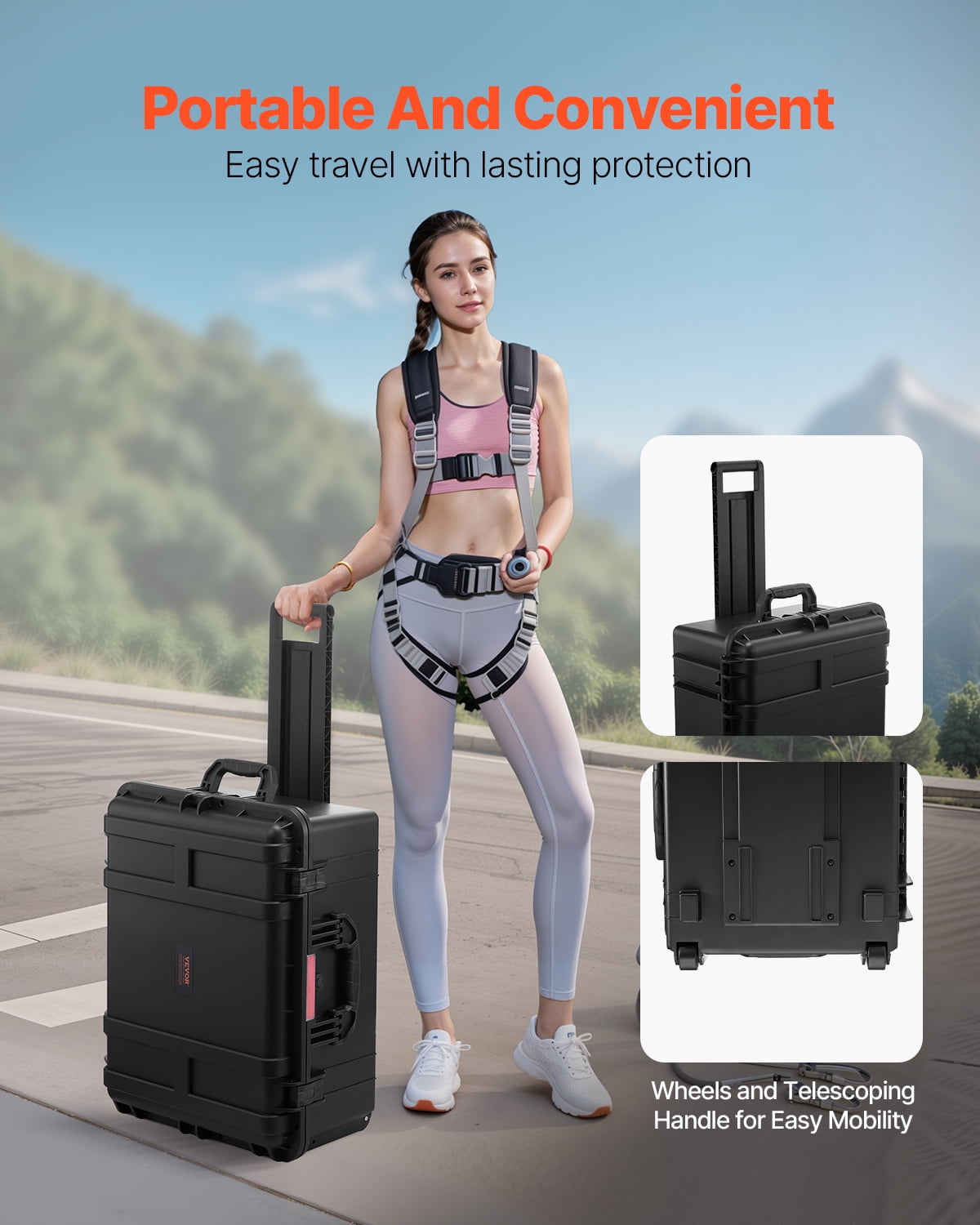 VEVOR Weatherproof Hard Case, Heavy Duty Protective Dry Box Case with Pre-Cut Foam, Wheels & Retractable Pull Handles for Travel, Hunt, Military, Tactical, IP67 Waterproof Case for Cameras(63x50x32)
