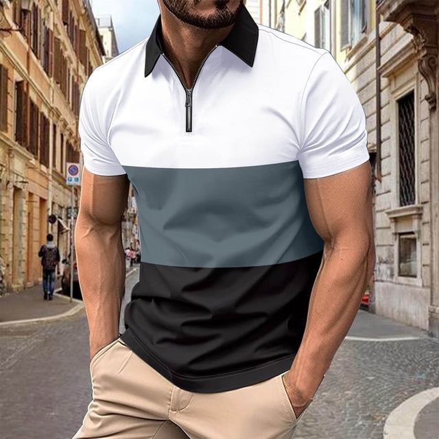 Chemises pour Hommes, Mode Décontractée Couleur Unie Fermeture Éclair Manches Courtes Col Rabattu Blouse