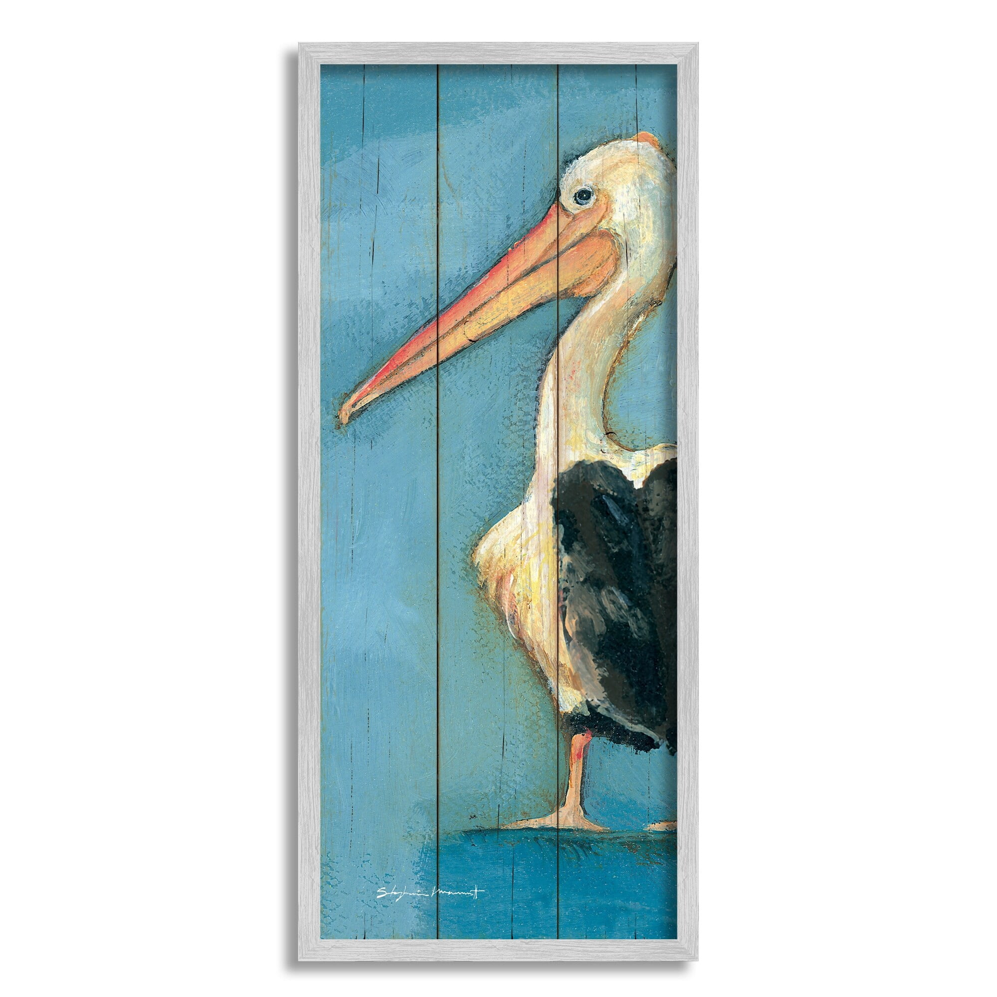 Stupell Industries Pelican Bird Over Blue Planked Pattern Animal Painting, 10 x 24, Design by Stephanie Workman Marrott
