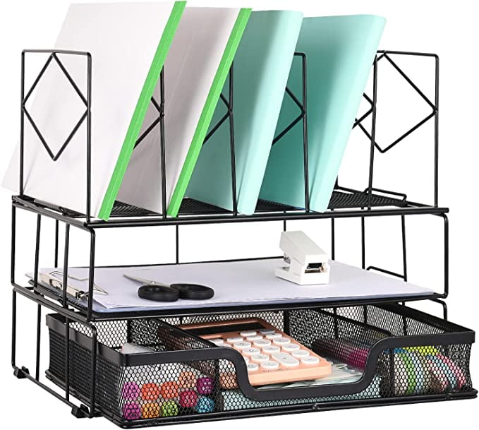 Desk Organizers and Accessories Double Tray and 5 Upright Sections, Desktop File Organizer