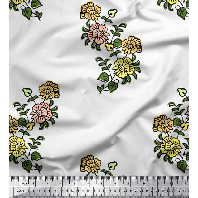 Soimoi Polyester Crepe Fabric Leaves & Floral Block Print Sewing Fabric Yard 52 Inch Wide