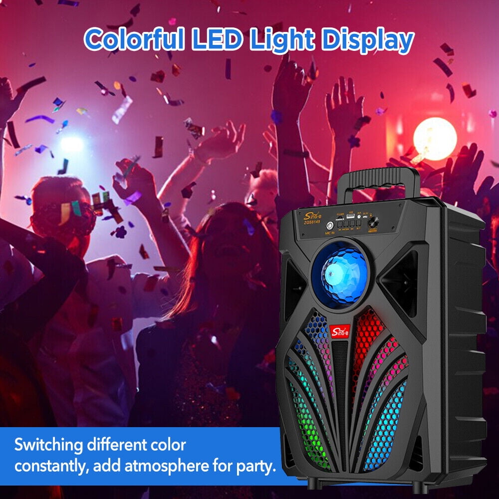 8Inch Portable Bluetooth 5.0 Speaker, Party Speaker Stereo Subwoofer Heavy Bass Sound System with Colorful LED Lights and Mic, Black