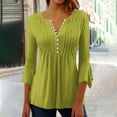 thumbnail image 2 of Htigea 3/4 Length Sleeve T-Shirts for Women Pleated V Neck Tunic Tops Button Down Pullover Flare Sleeves Casual Tee Green,XL, 2 of 5