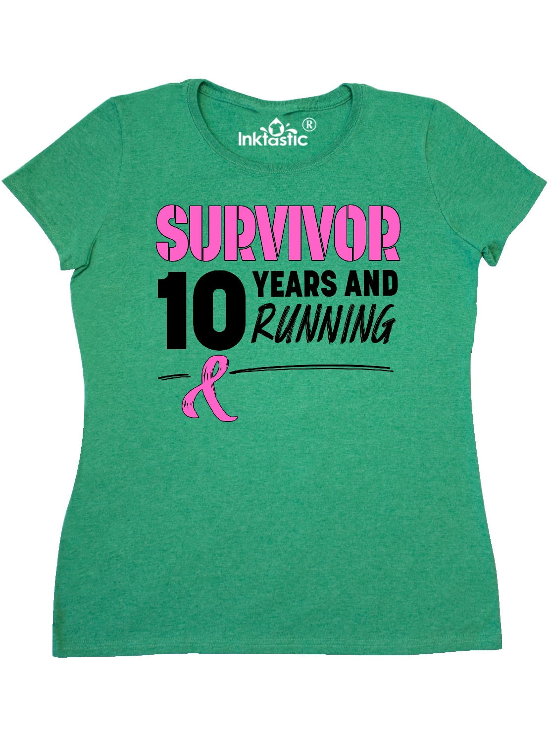 INKtastic - Breast Cancer Survivor 10 Years and Running with Pink Ribbon Women's T-Shirt 