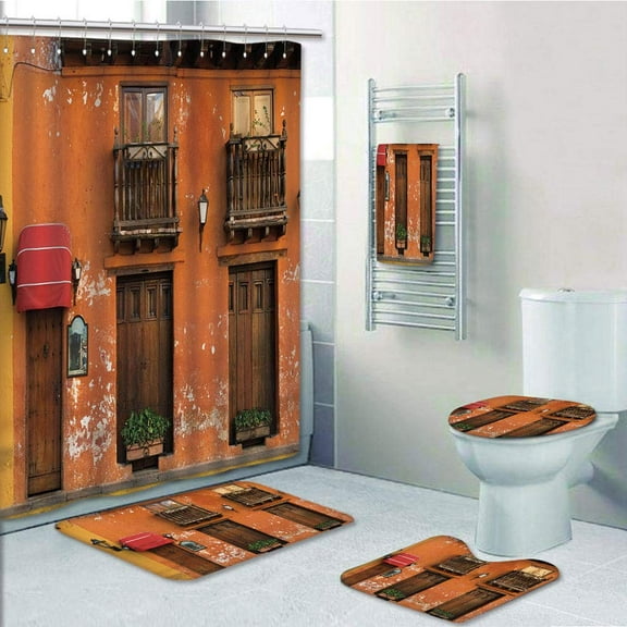 PRTAU America Cartagena Streets with Vibrant Color Building Facade Caribbean Landscape Columbia 5 Piece Bathroom Set Shower Curtain Bath Towel Bath Rug Contour Mat and Toilet Lid Cover