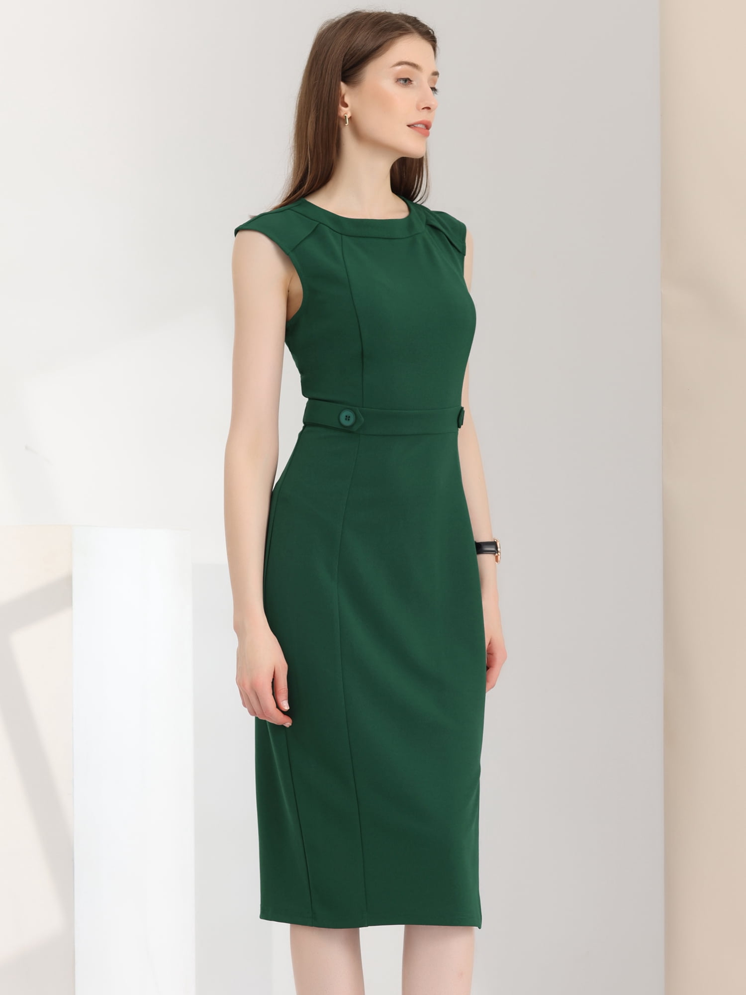 DARING DIVA Slim Fit Sleeveless Work Dress S Dark Green