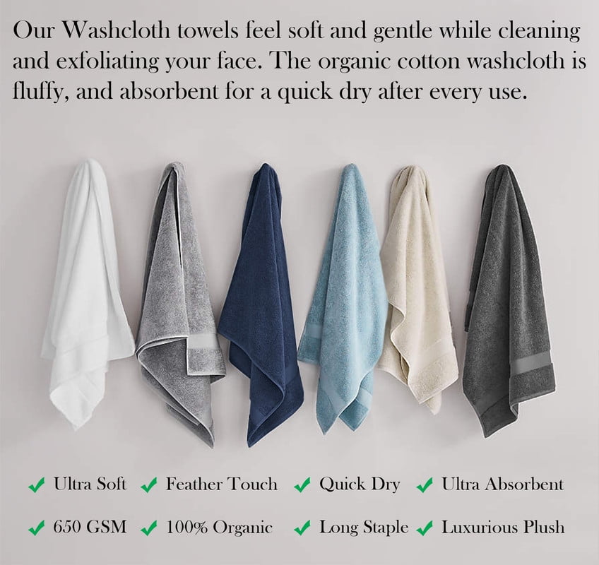 Delara 100% Organic Cotton Washcloths 6-Pack, 13x13 Inches, 650 GSM, Ultra-Absorbent, GOTS & OEKO-TEX, Light Grey