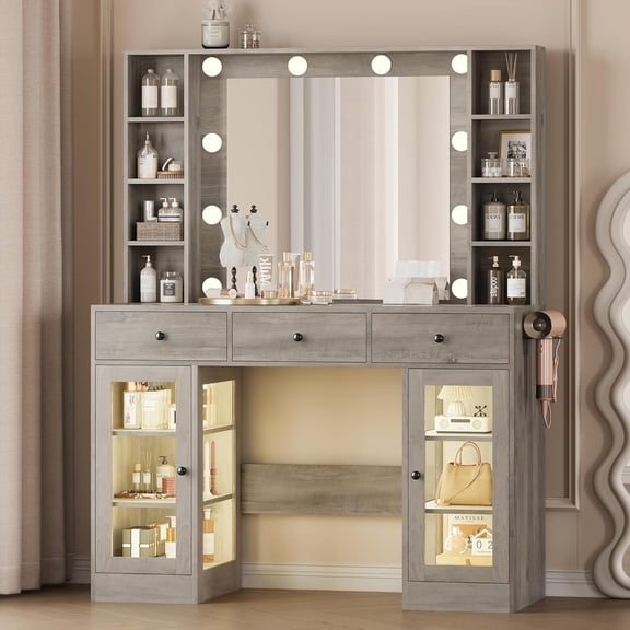 Makeup Vanity Desk with Mirror and Lights, Grey Vanity with Glass Top, LED Lights & Power Outlet, 3 Drawers & 2 RGB Glass Cabinets, Adjustable Lighted Dressing Table for Women & Girls Bedroom