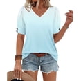 thumbnail image 5 of QQAMB T-Shirts for Women V-Neck Gradient Color Casual Button Lightweight Summer Trendy Tee Tops Light Blue 2XL, 5 of 5