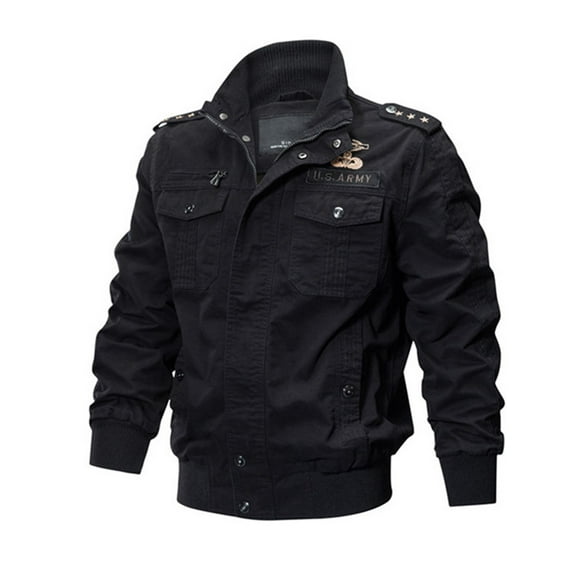 Bellella Mens Cargo Jacket Stand Collar Bomber Jackets Fleece Lined Military Coats Comfy Long Sleeve Windbreaker Men Outwear Black Without Velvet XL