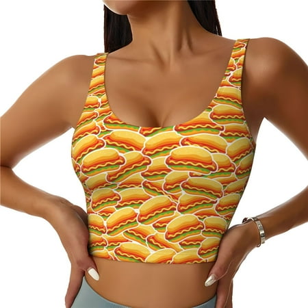Adobk Hot Dogs Print Sports Bras for Women Longline Workout Crop Tank Tops Padded with Built in Shelf Padded Sports Bra-X-Large