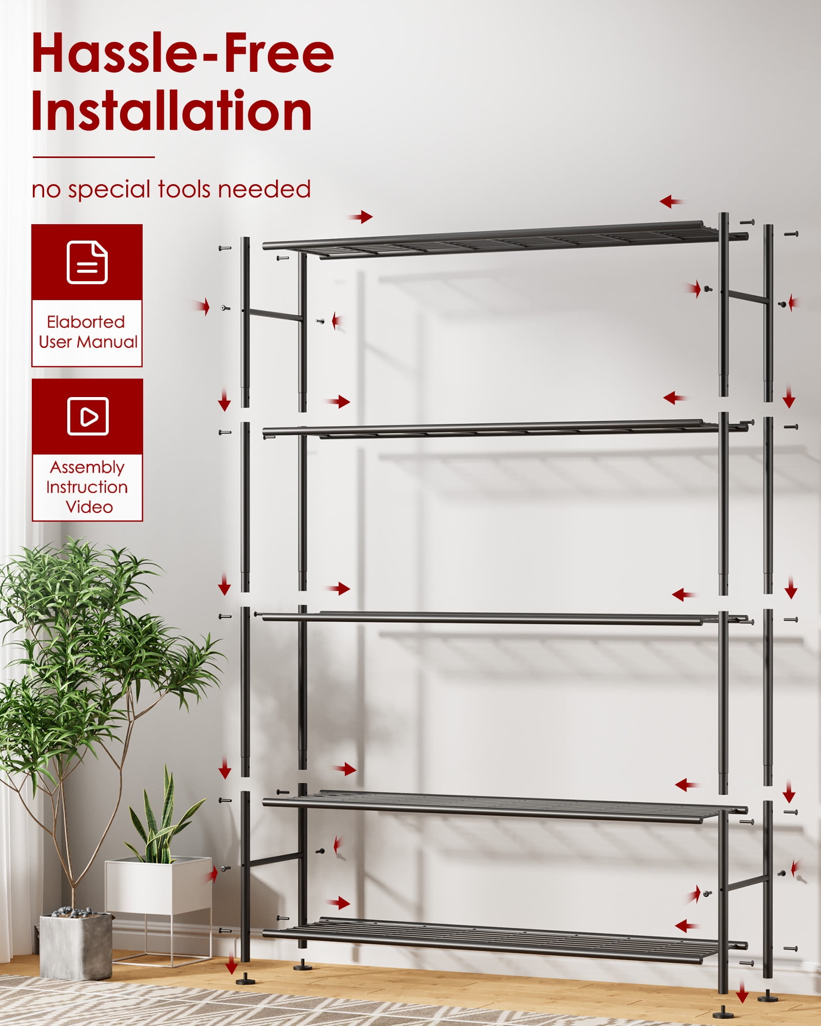 Sakugi 5-Tier Heavy Duty Wire Shelving Unit,47.2" × 12.6" × 60.3" Inches, 1500 lbs Capacity, Black