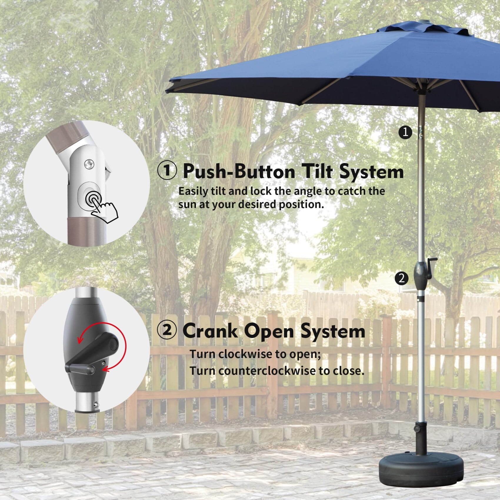 10FT Outdoor Patio Umbrella, Table Umbrella with Push Button Tilt, 8 Sturdy Ribs and Crank, UV Protection Waterproof Market Sun Umbrella for Garden, Deck, Backyard, Pool, Navy Blue