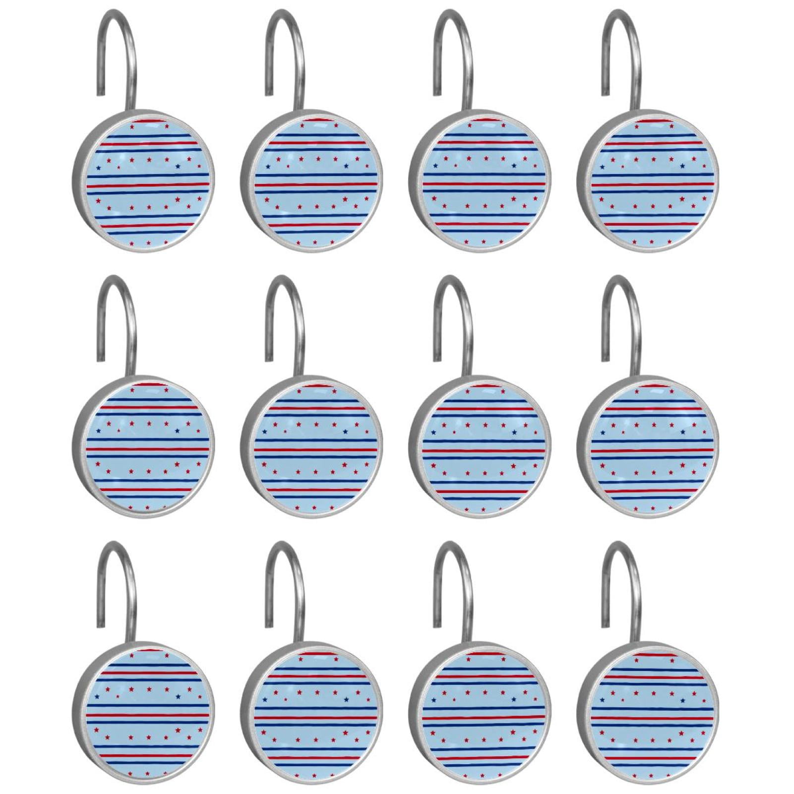 12pcs Decorative Shower Curtain Hooks, Rust Resistant Shower Rings for Bathroom Living Room,Rustproof Stainless Steel Rings for Shower Curtain and Liner Rods,4th of July Stars Line