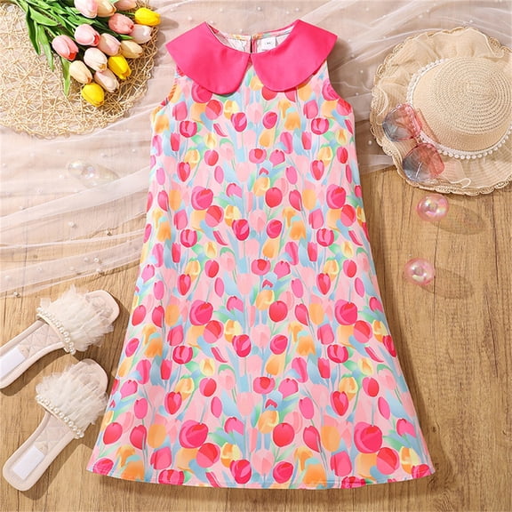 Girl's Dresses Summer Sweet Wind Colorful Flower Print Kids Clothing