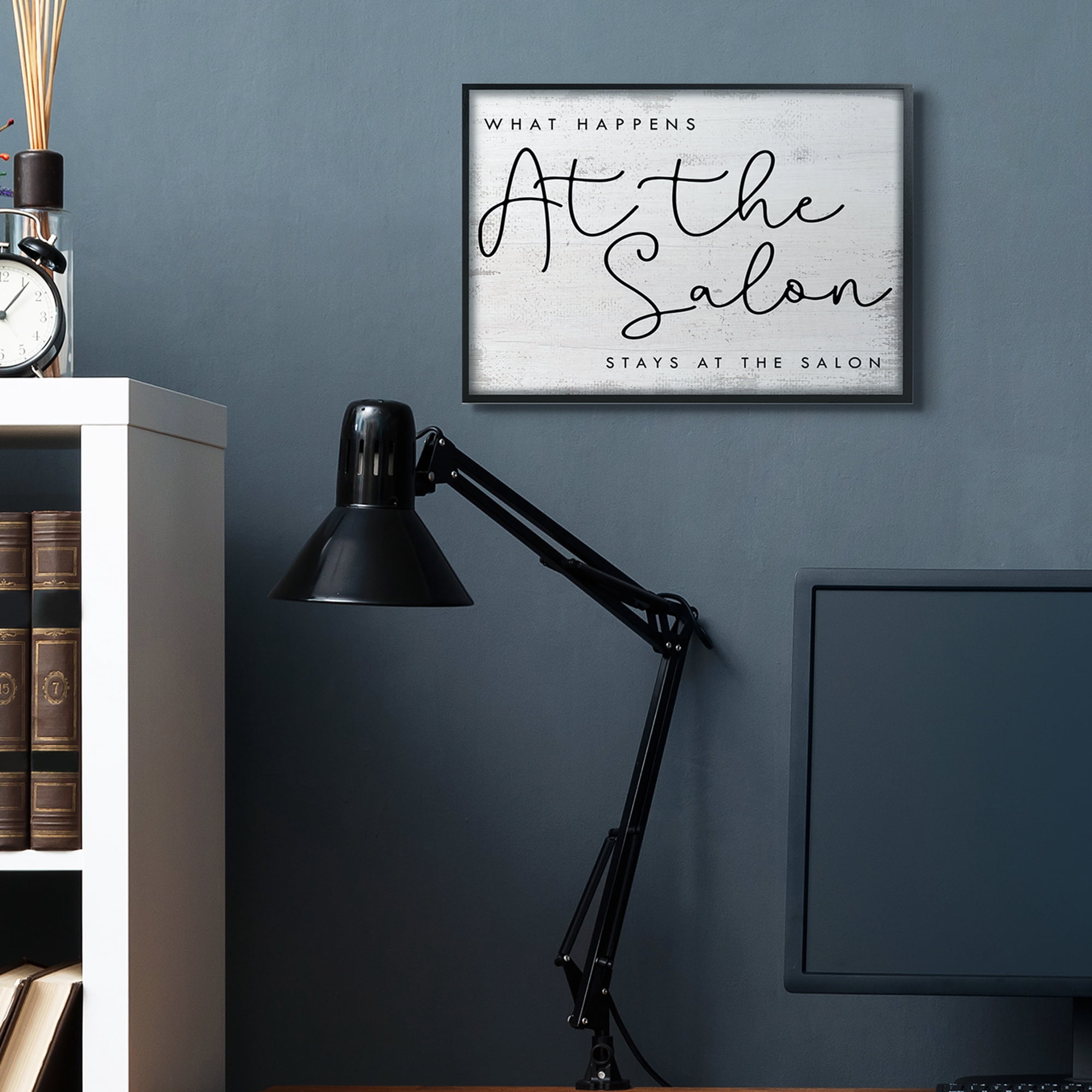 Stupell Industries What Happens at the Salon Phrase Beauty Sentiments Inspirational Painting Black Framed Art Print Wall Art, 16 x 20