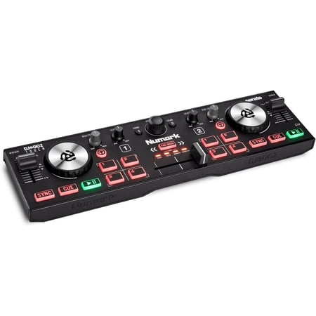 Numark DJ2GO2 Touch – Compact 2 Deck USB DJ Controller For Serato DJ with a Mixer / Crossfader, Audio Interface and Touch Capacitive Jog Wheels,Black