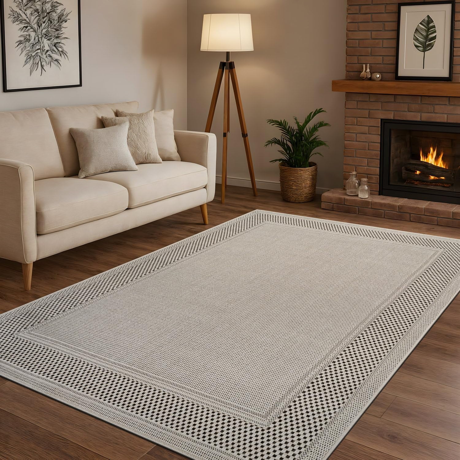 CAMILSON Bordered Non Shedding Easy-Cleaning Indoor Outdoor Easy Jute Rug Bone 9x12