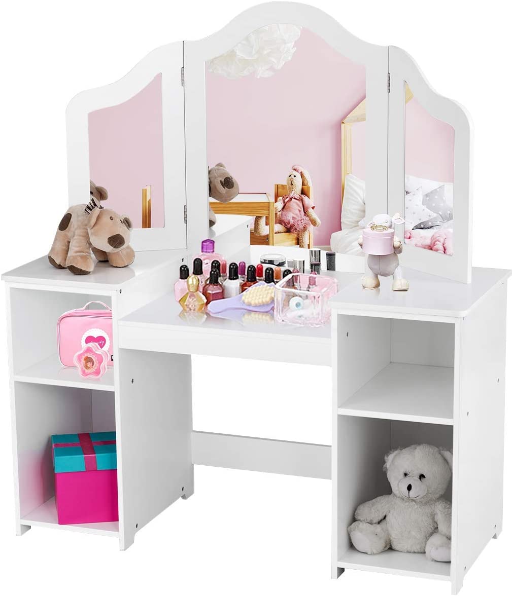 Forclover 2 in 1 Kids Vanity, Princess Makeup Desk Dressing Table with