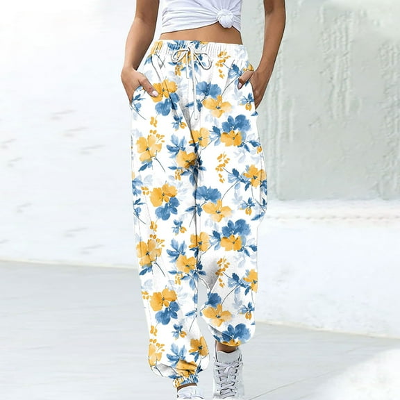 Zylanna Women's Sweatpants with Pockets, Elastic Drawstring Printed Soft & Warm Baggy Casual Jogger Pants for Women Yellow
