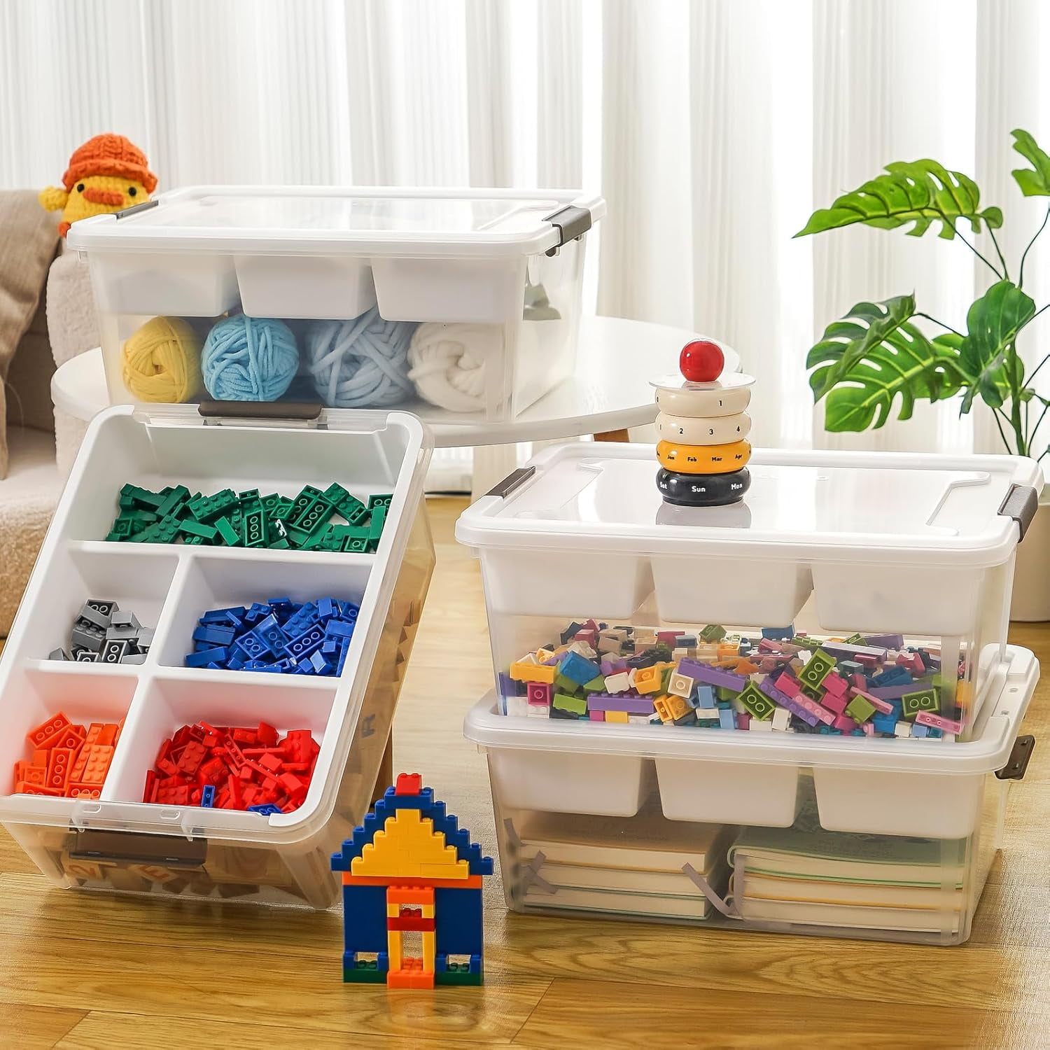 Plastic Storage Box with Removable Tray,  Organizers for Beads Tools Sewing Playdoh, White 2Pack-17QT