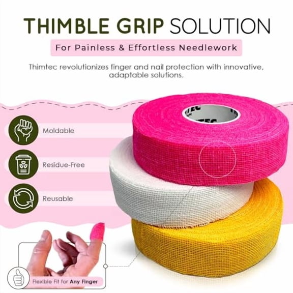 THIMTEC - The Original Thimble Tape for Hand Sewing - Fully Adjustable Nail & Finger Protector - A Smarter Alternative to Classic Knitting Thimbles - Multicolor, 3-Pack