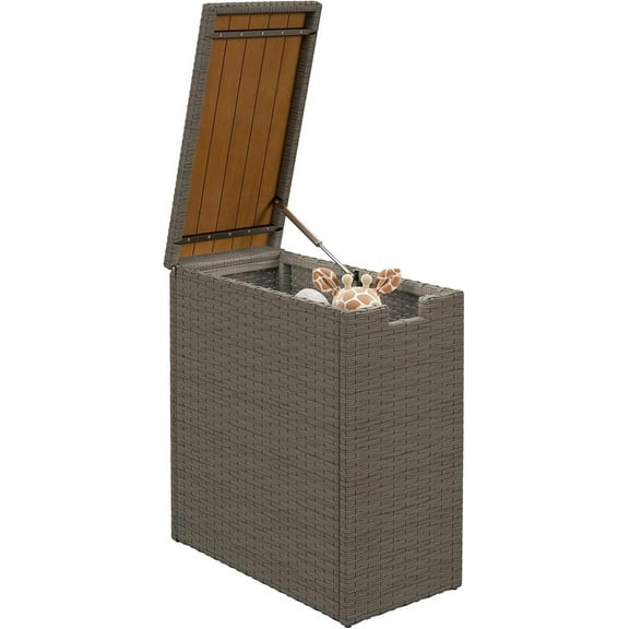 YYEAN 17 Gallon Wicker Small Deck Box, PE Rattan Outdoor Storage Box with Slatted Acacia Wood Flip Top for Indoor, Patio Furniture Cushions, Pool Supplies, Garden Tools, UV Resistant, Teak