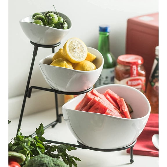 3 Tier Collapsible Serving Stand with Oval Porcelain Bowls, Sturdy Metal Frame, Easy to Clean