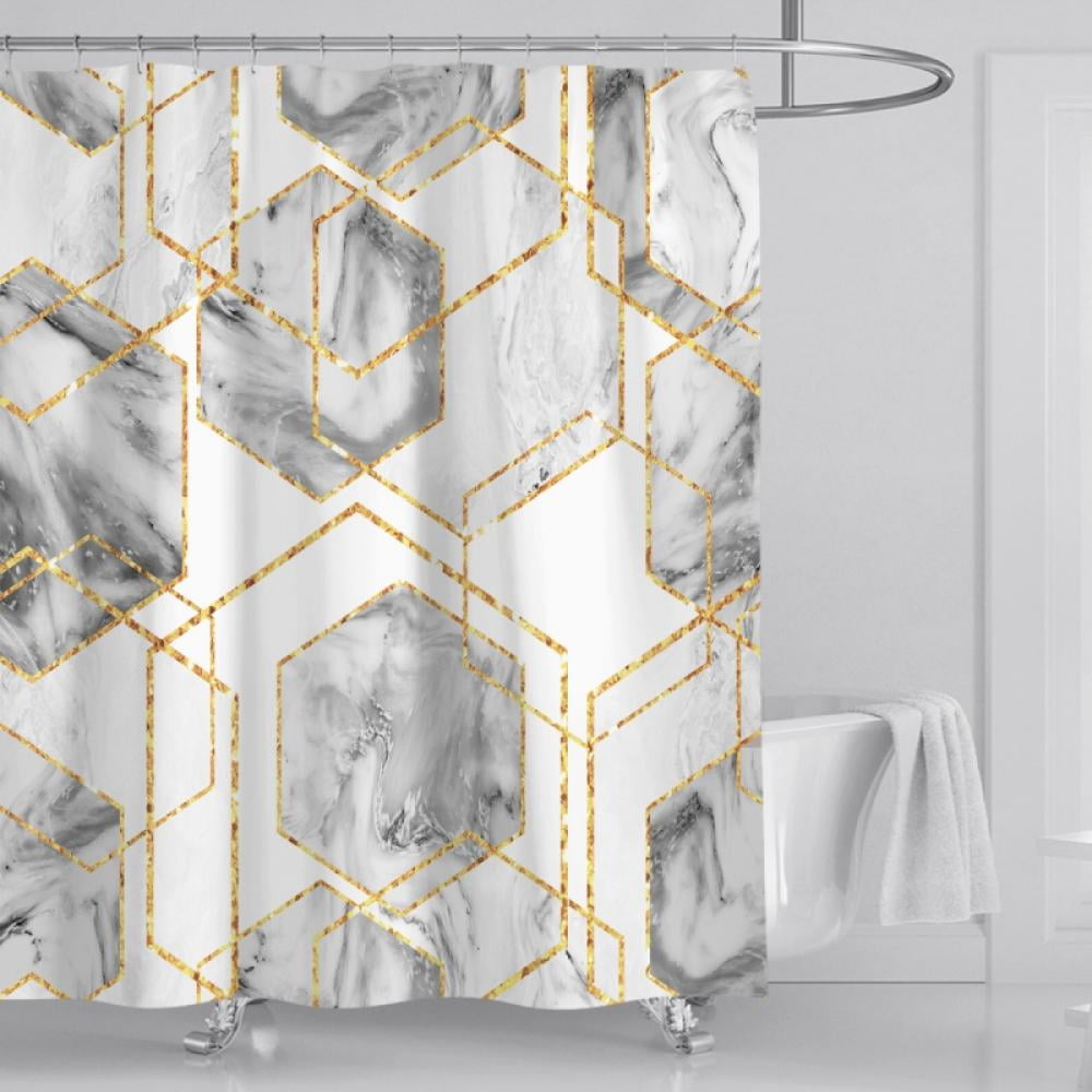 Gold heart Black-white geometric stripes Shower Curtain Home Bathroom Fabric 71“ 