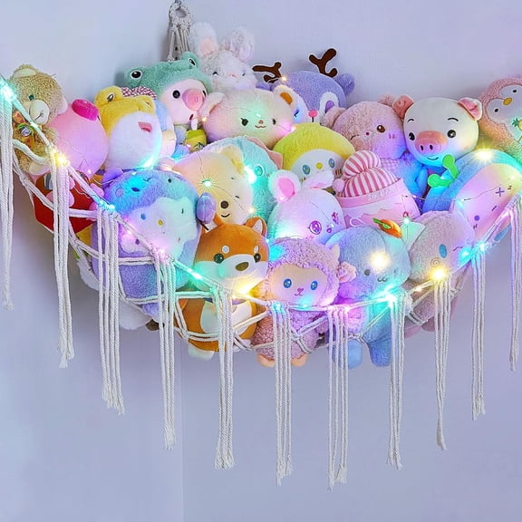 Maxfavor White Plush Toy Hammock With Led Lights. A Decorative Toy Hammock Corner For Children's Rooms, Also Suitable For Storing Halloween, Christmas, Easter, And Thanksgiving Items.