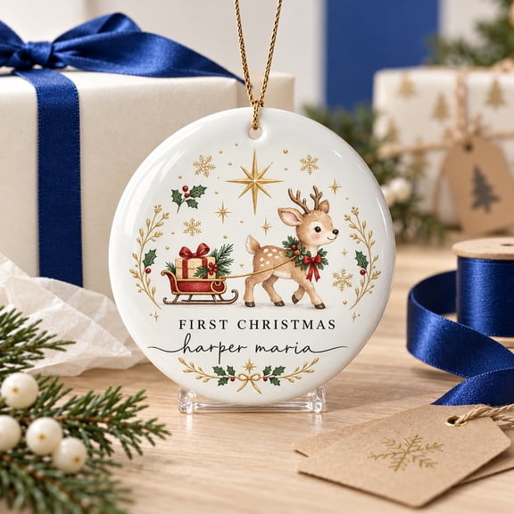 Christmas Ornament Reindeer Design Personalized Ceramic Bauble for Tree Decor First Christmas Gift