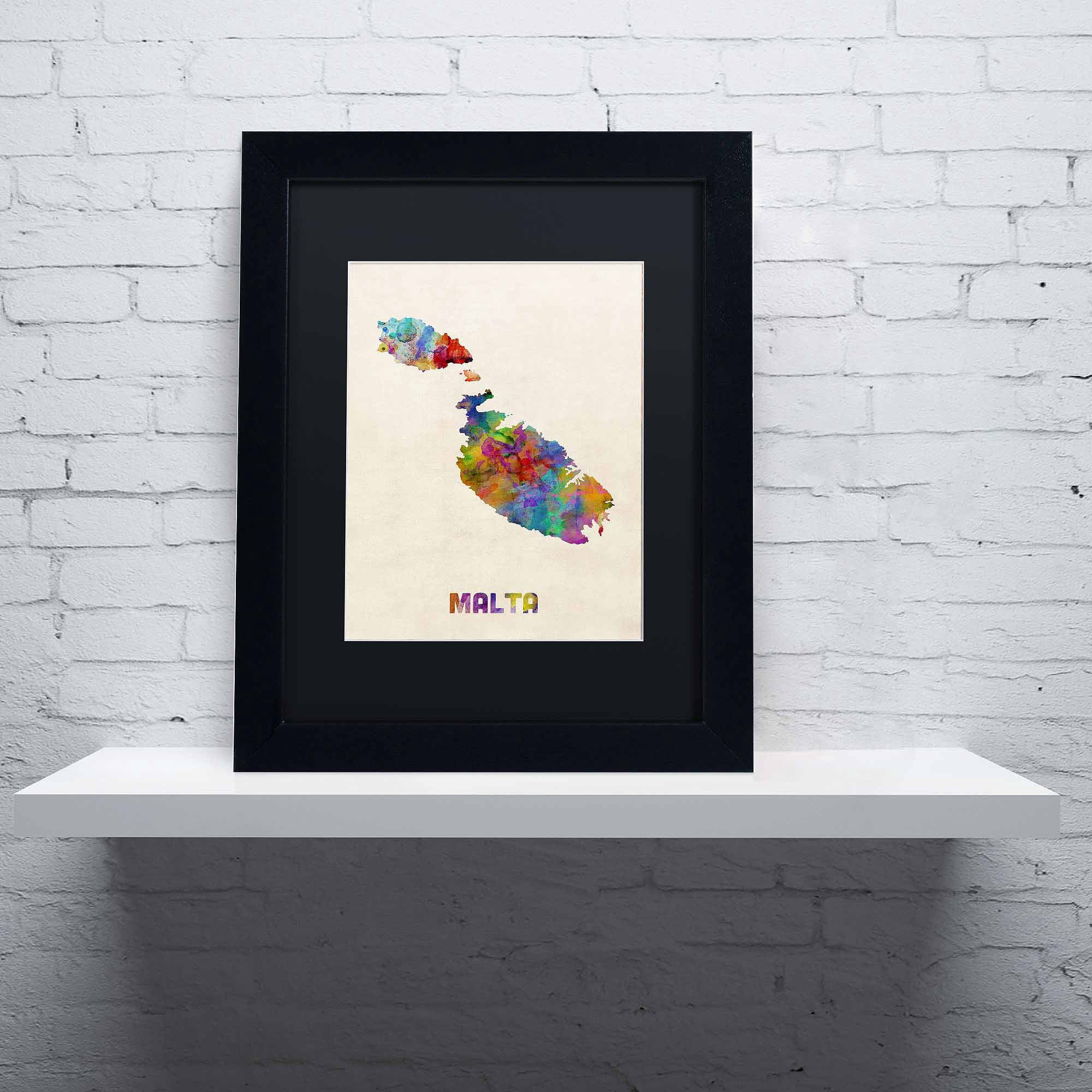 Trademark Fine Art "Malta Watercolor Map" Canvas Art by Michael Tompsett, Black Matte, Black Frame